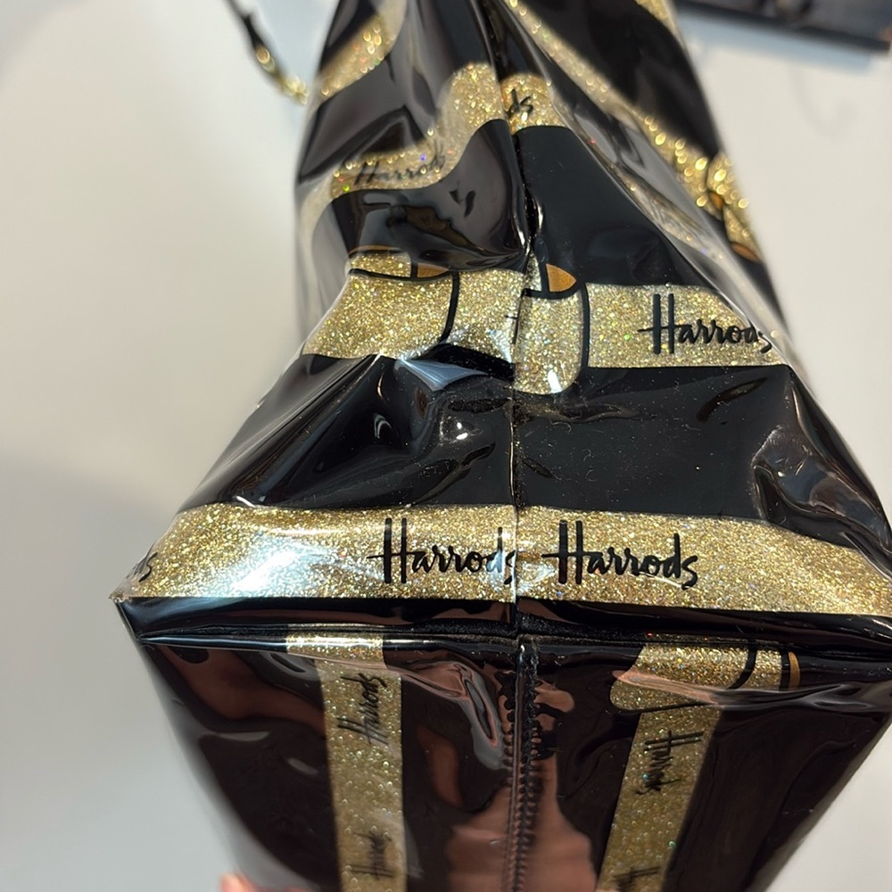 Harrods Black Patent Leather Gold Glitter Bow Large Tote - Picture 8 of 13